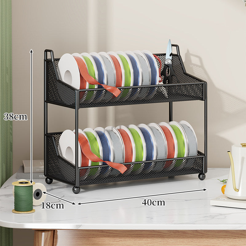 Metal Mesh Ribbon and Tape Spool Organizer with Integrated Scissor Slot