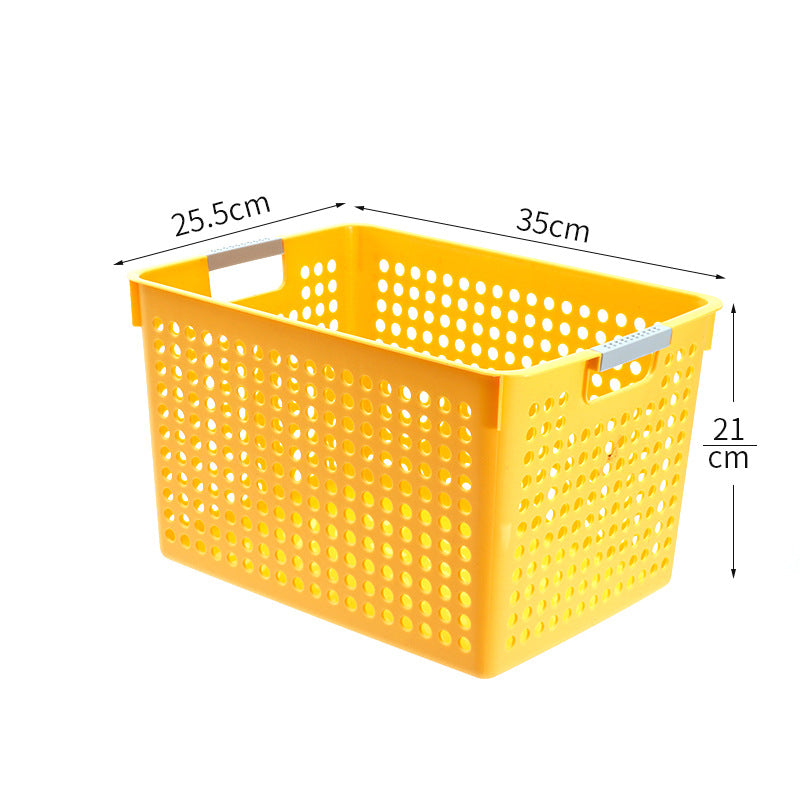 Flat plastic storage box with perforated side wall and grip recesses