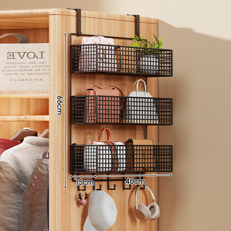 Over-the-Door Metal Grid Hanging Organizer with Four Stackable Baskets and Hooks