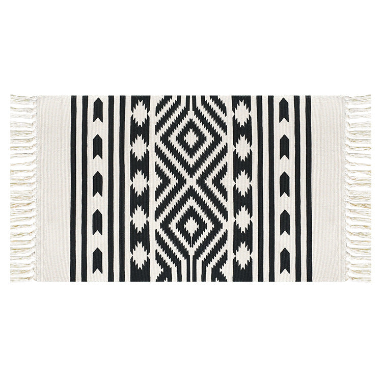 Flat-woven cotton runner with Mediterranean tile jacquard and decorative fringes Kalsten