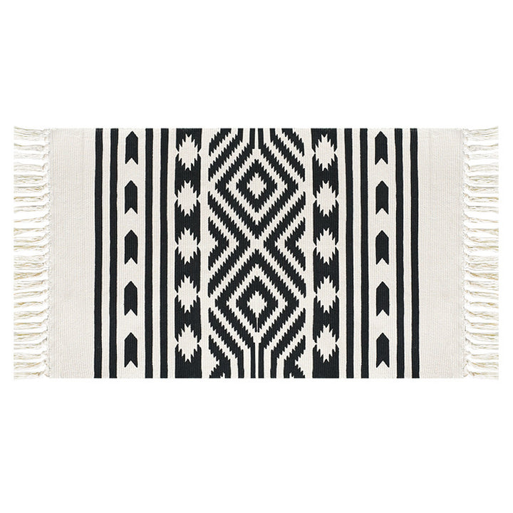 Flat-woven cotton runner with Mediterranean tile jacquard and decorative fringes Kalsten