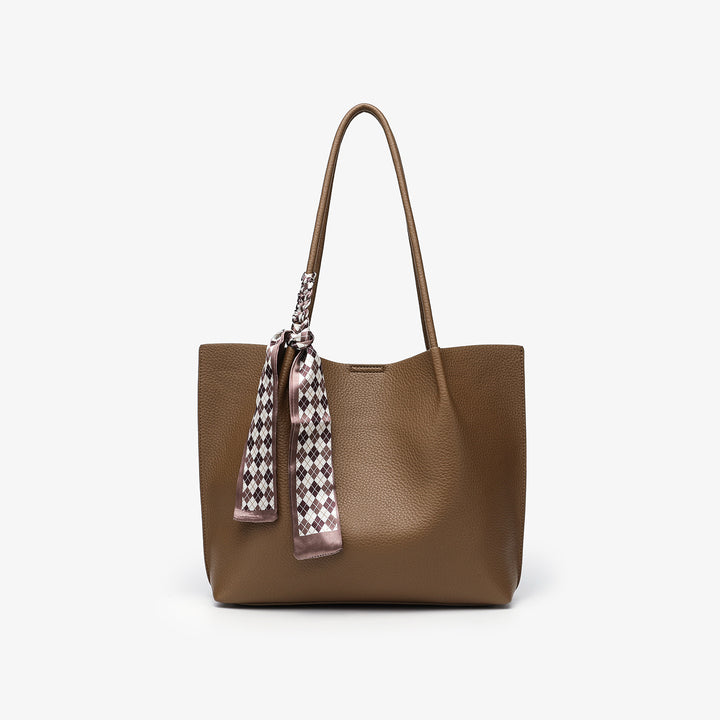 Chic Leather Tote Bag with Decorative Scarf