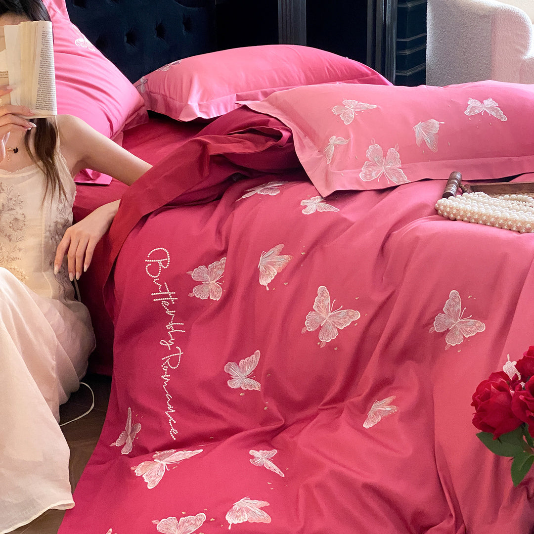 Luxury satin bedding set with embroidered butterfly appliqués Kalsten