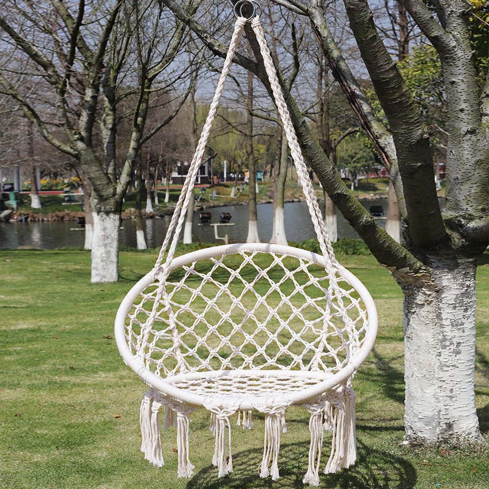 Macrame hanging chair with complete ceiling mounting kit and decorative tassel fringe Kalsten
