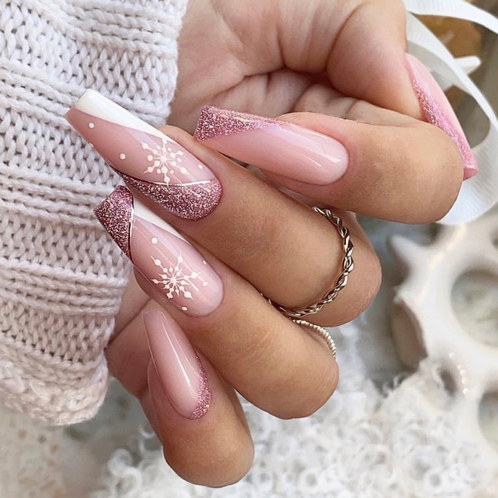 Artificial nail set with sparkling glitter effects and delicate winter motif Kalsten