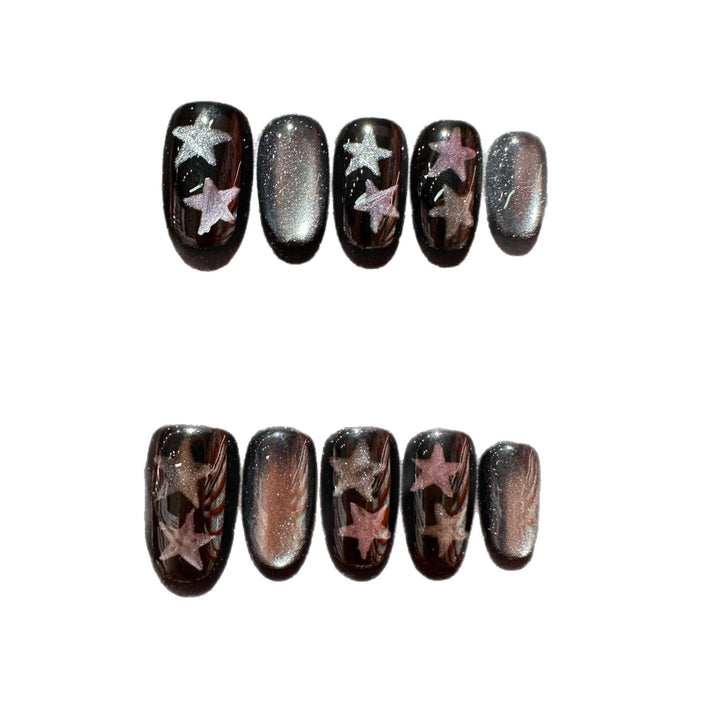 Artistic Press-On Nail Art Set Featuring Handmade Star Designs