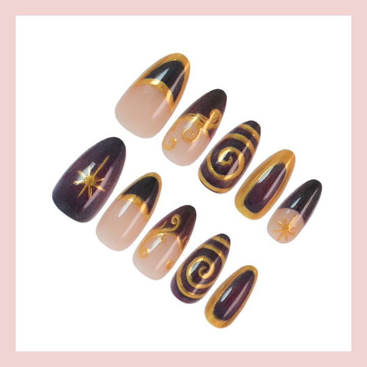 Acrylic nail set with elegant spiral patterns and glamorous golden accents Kalsten