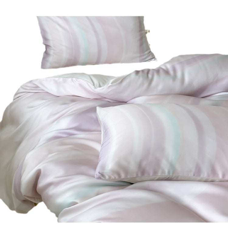 Modern striped bedding set made of cotton satin with hand-drawn stripes and contrasting piping
