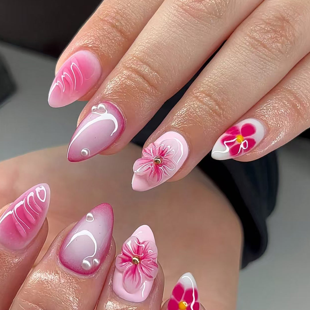 Artificial nails with floral design and 3D flowers Kalsten