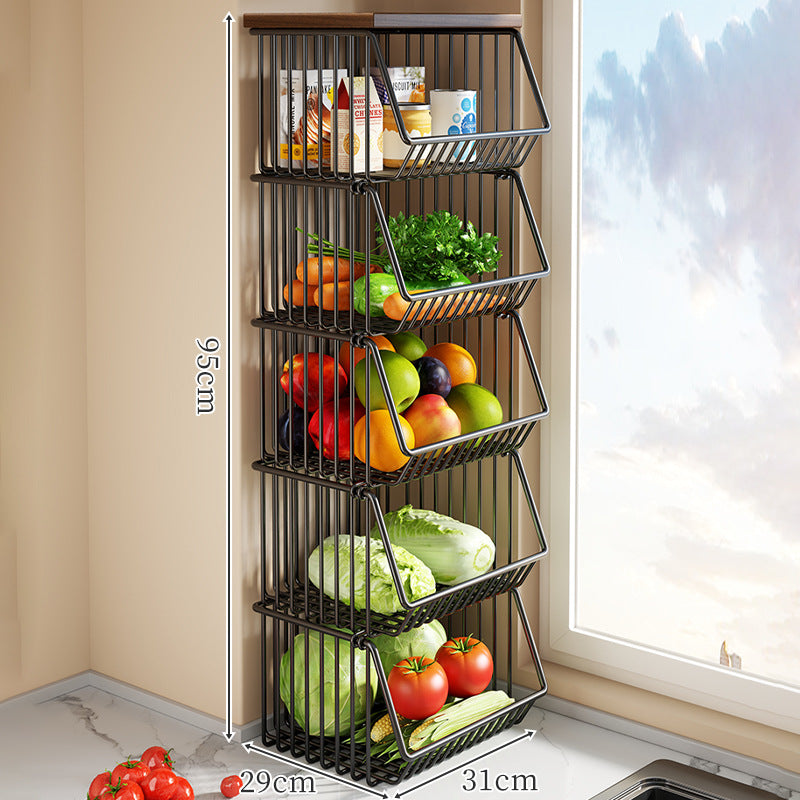 Countertop Wooden Top Metal Wire Fruit and Vegetable Storage Rack