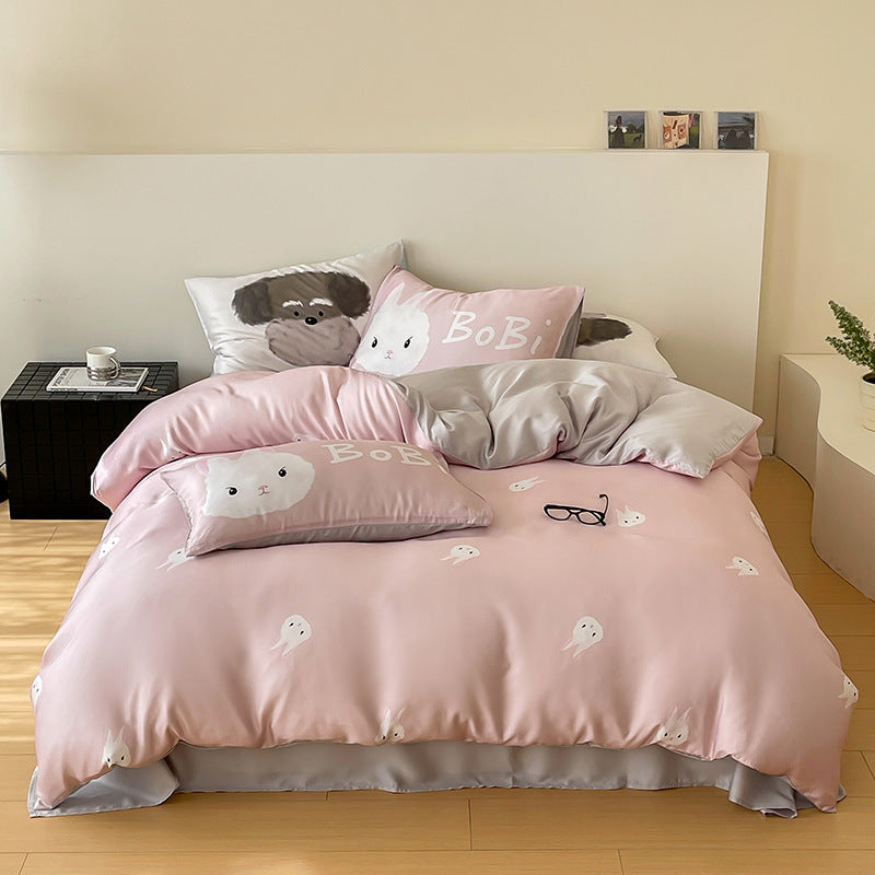 Reversible cotton satin bedding set with minimalist panda faces