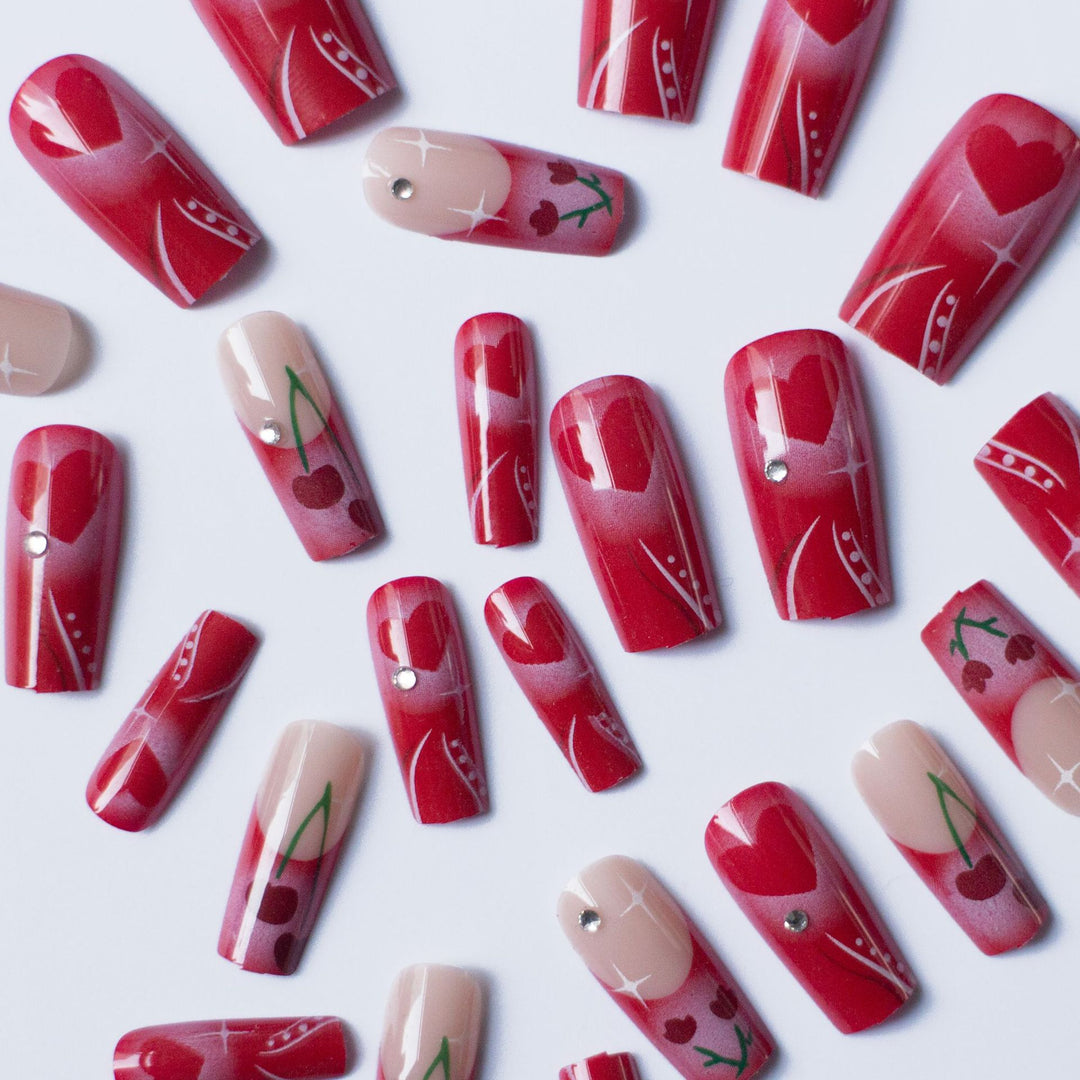 Artistic Heart and Cherry Nail Art Design