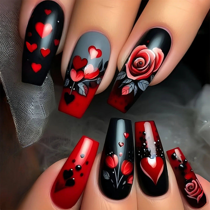 Elegant 3D Floral and Heart Acrylic Nail Art Extensions Kalsten