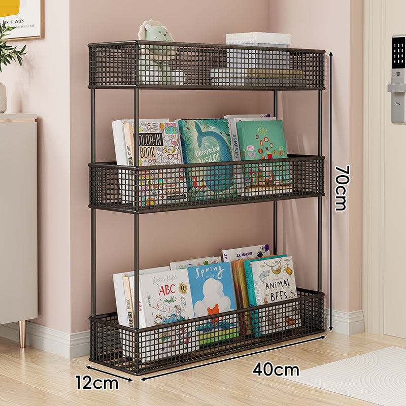 Freestanding Four‑Tier Metal Mesh Book and Display Shelf Rack