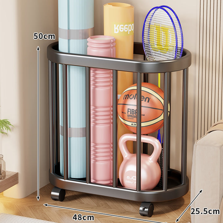 Vertical Rolling Sports Gear Storage Organizer with Cylindrical Metal Bar Frame and Casters