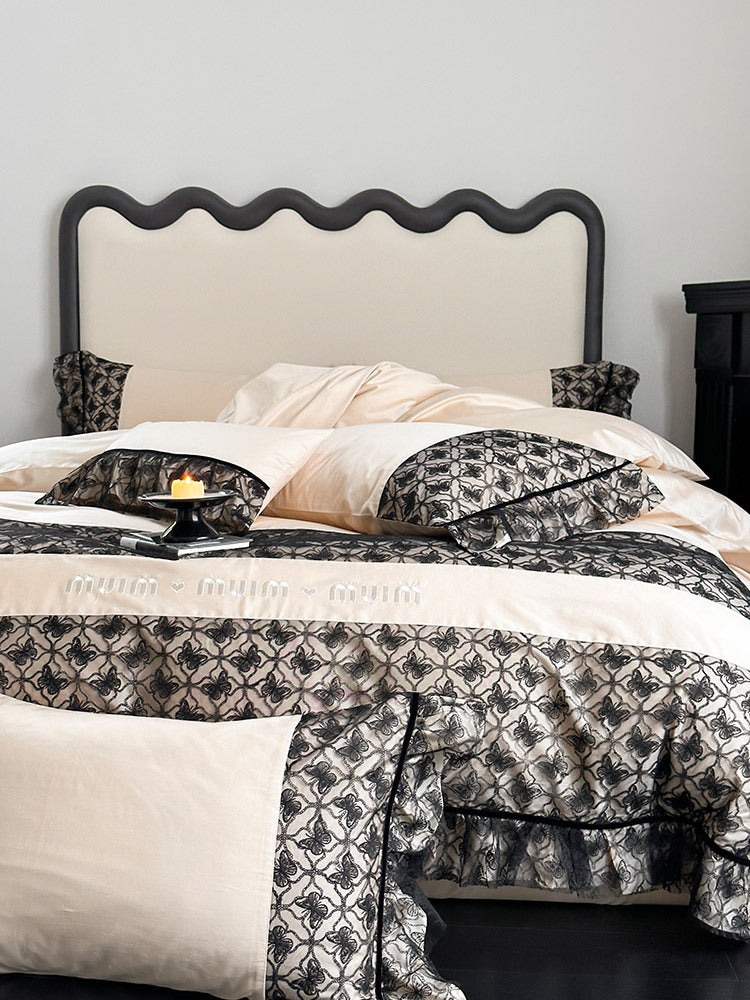 Luxurious Reversible Cotton Satin Bedding Set with Jacquard Border and Ruffle
