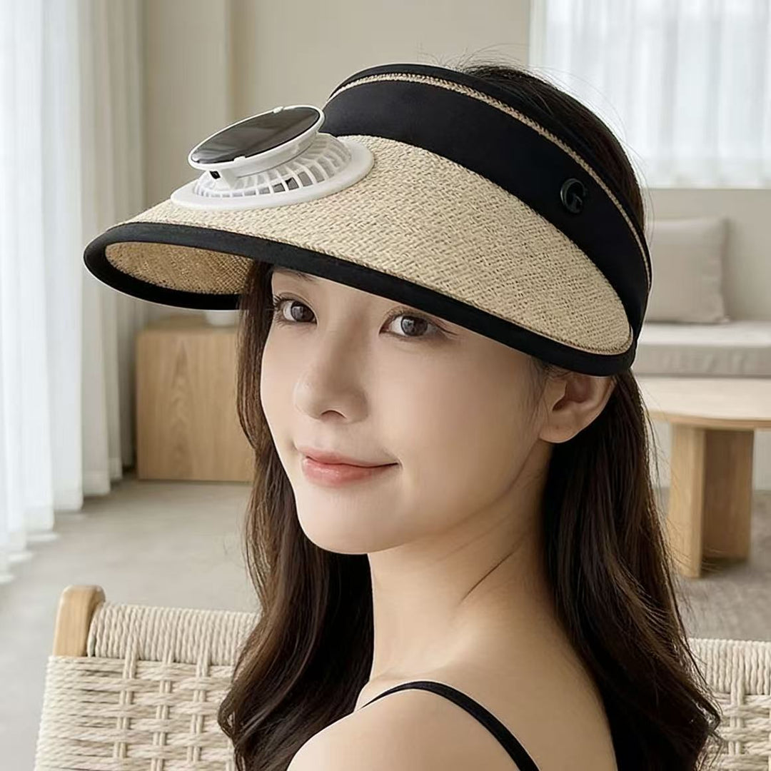 Foldable straw hat visor with integrated solar fan, adjustable neck strap, and breathable sweatband Kalsten