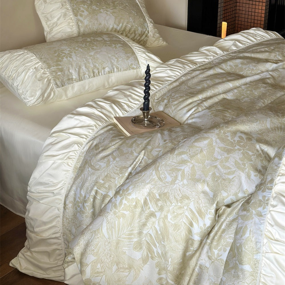 Luxurious jacquard bedding set with ruffled frill, satin trim, and decorative pillows