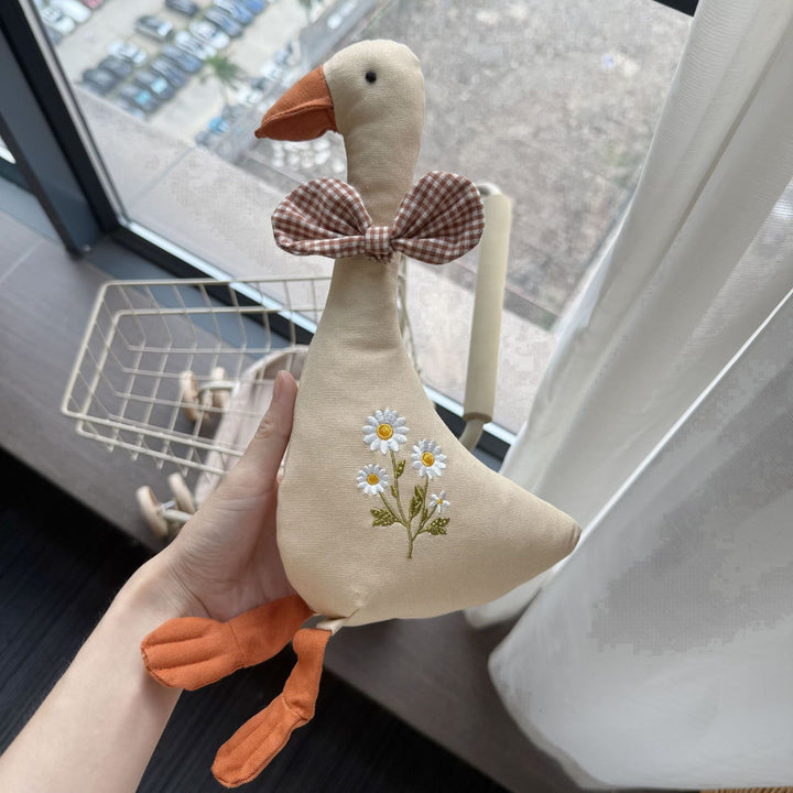 Soft Long‑Leg Linen Bunny Plush with Checkered Collar and Gathered Overalls