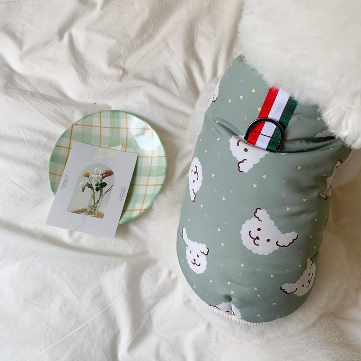 Padded Dog Coat with Faux Fur Hood, Harness D-Ring & Playful Sheep Print