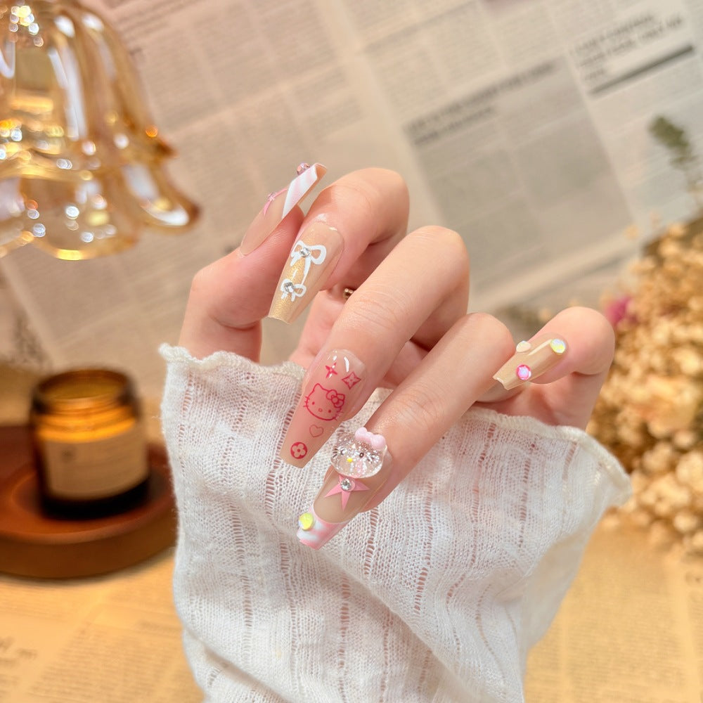 Artistic Press-On Nail Set with Floral and Gemstone Accents Kalsten