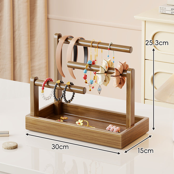 Multi-Level Wooden Jewelry Organizer Stand with Tray and Rod Display