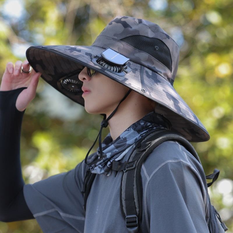 Wide-brimmed outdoor sun hat with solar-powered micro fan, breathable mesh and adjustable chin strap Kalsten