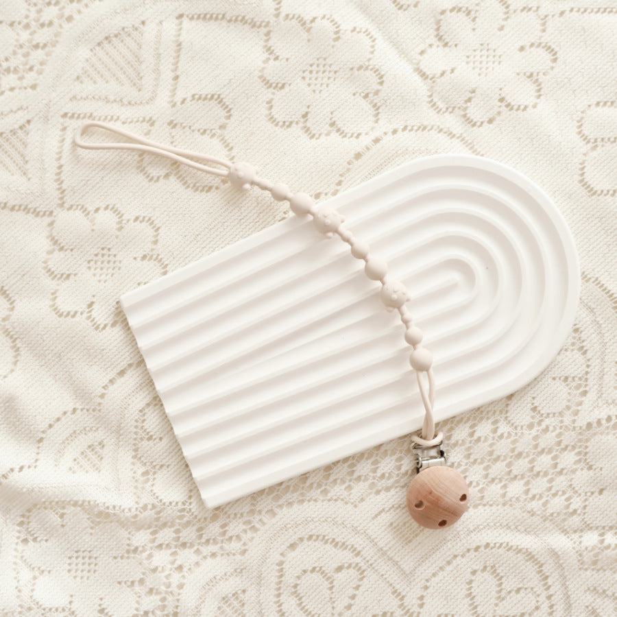 Silicone Beaded Pacifier and Teether Clip with Wooden Safety Clip