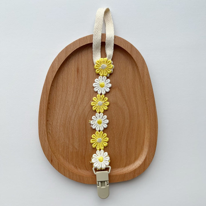 Crochet Daisy Pacifier Clip with Cotton Strap