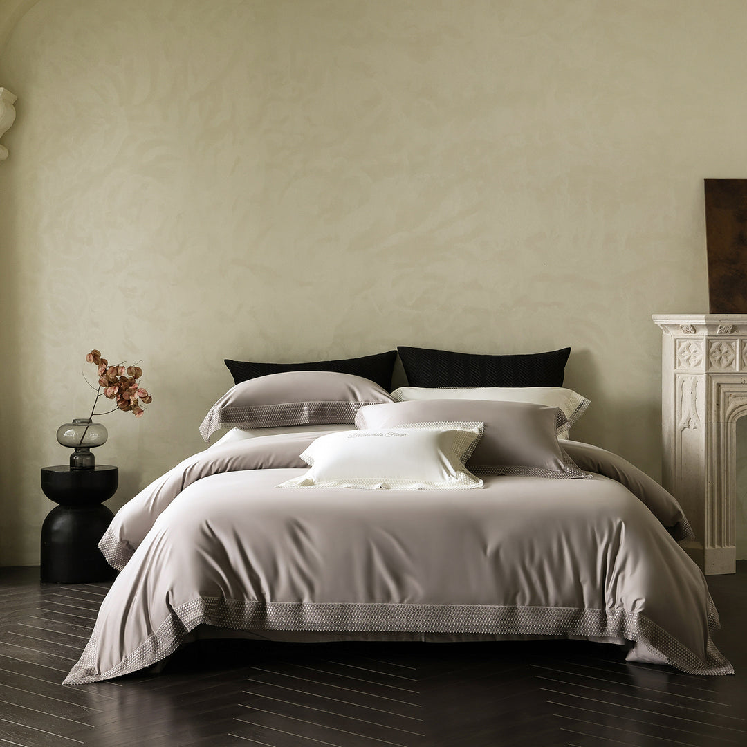 Noble cotton satin bedding set with fine lace trim and hotel closure