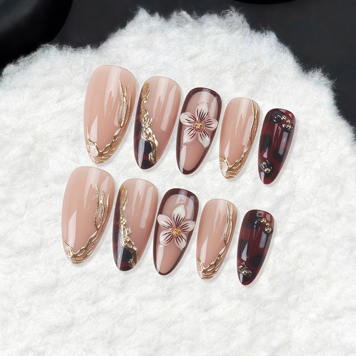 Decorative Stiletto Press-On Nails with Floral and Gold Accents Kalsten