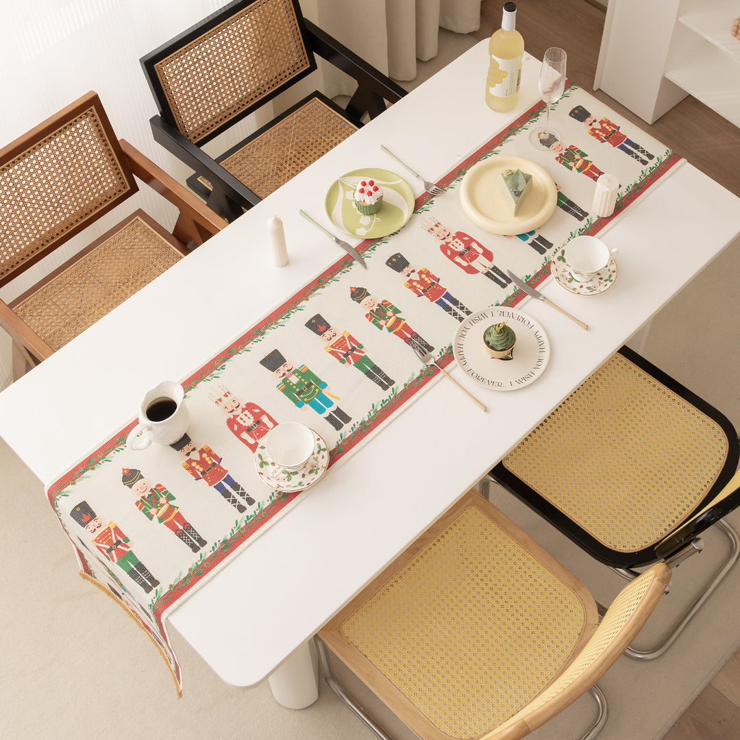Christmas Jacquard Table Runner with Nutcracker Motif and Fringes
