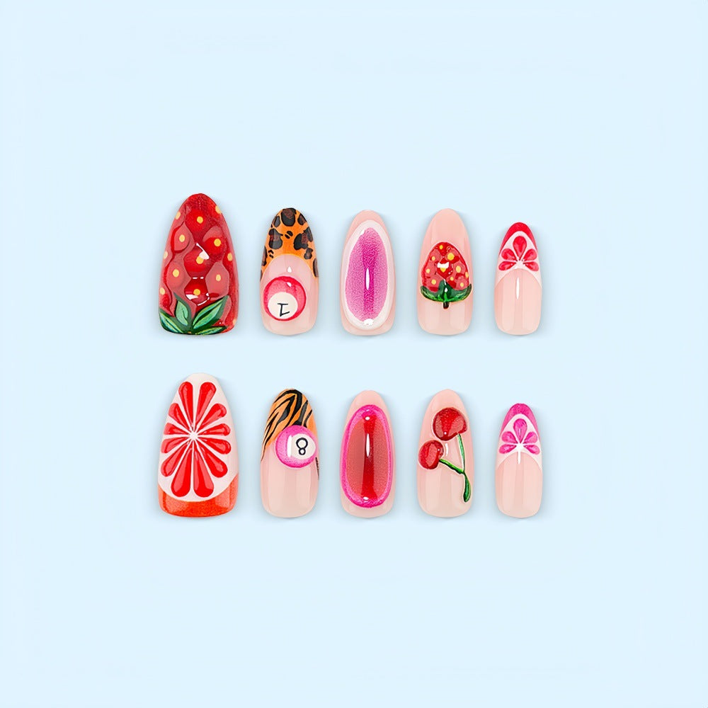 Artificial nails with fruity motifs andGloss finish Kalsten