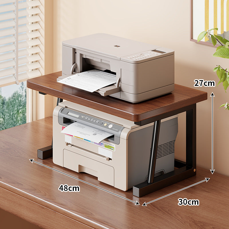 Adjustable Two-Tier Wood-Top Metal-Frame Desktop Printer Stand with Cable Management