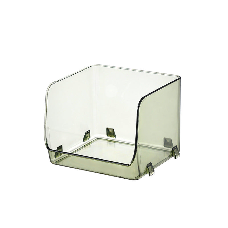 Transparent storage box with front opening, ribbed structure and integrated grip openings