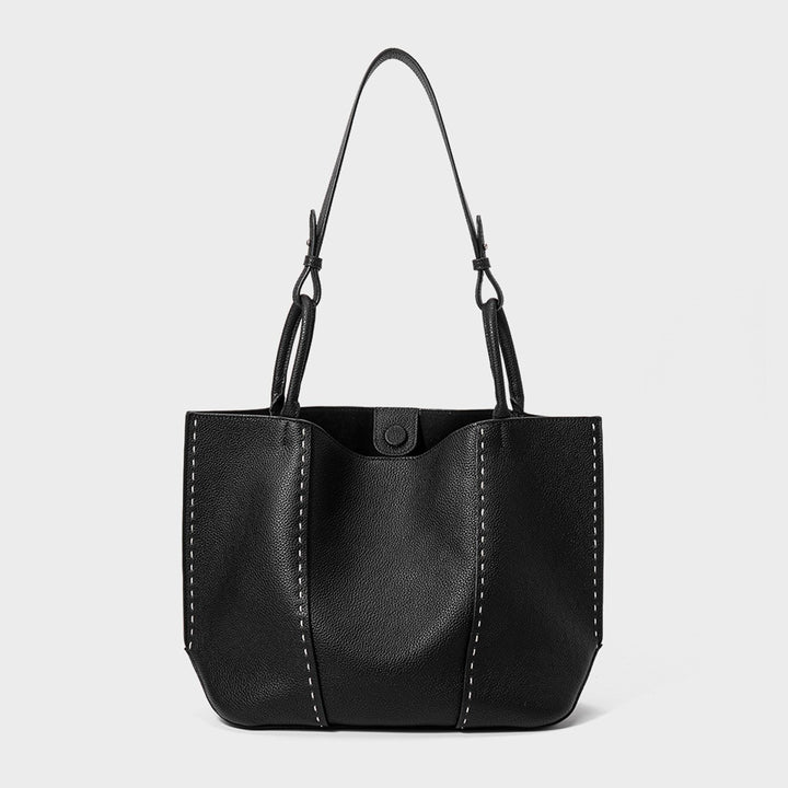 Pebbled Leather Two-Handle Snap-Top Tote with Contrast Stitch Detailing
