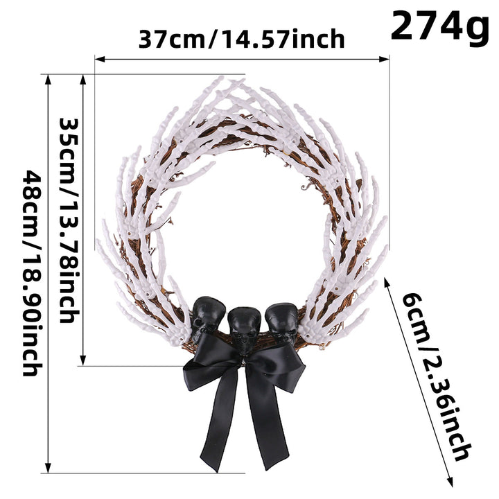 Creepy Halloween Door Wreath with Skeleton Hands, Three Skulls and Satin Ribbon