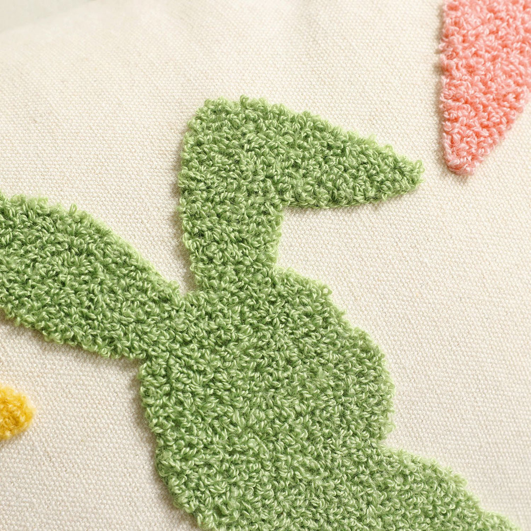 Tufted Bunny Appliqué Lumbar Throw Pillow Cover with Pom-Pom Tail