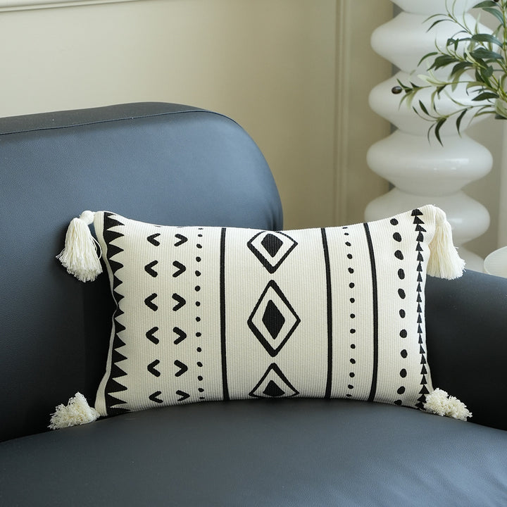 Rectangular Woven Lumbar Decorative Pillow with Tufted Diamonds and Tassels