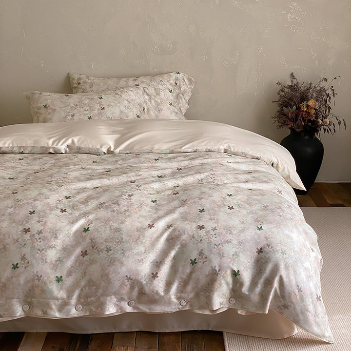 Premium cotton satin duvet cover set with floral jacquard relief and button closure