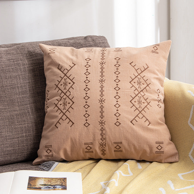 Square cushion cover with embossed velvet texture, embroidered ethnic relief and concealed zipper