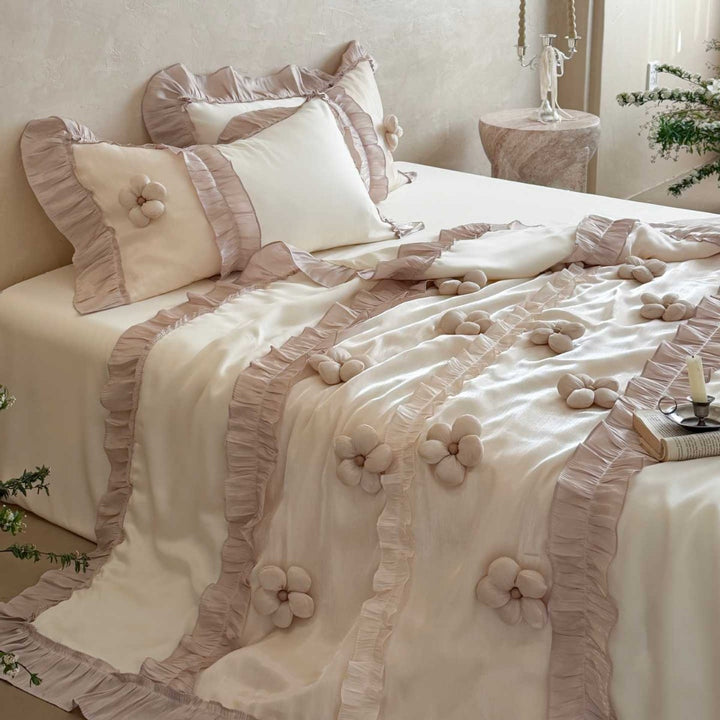 Premium duvet cover set with artistically crafted flowers, pleated ruffle and silky-matt finish