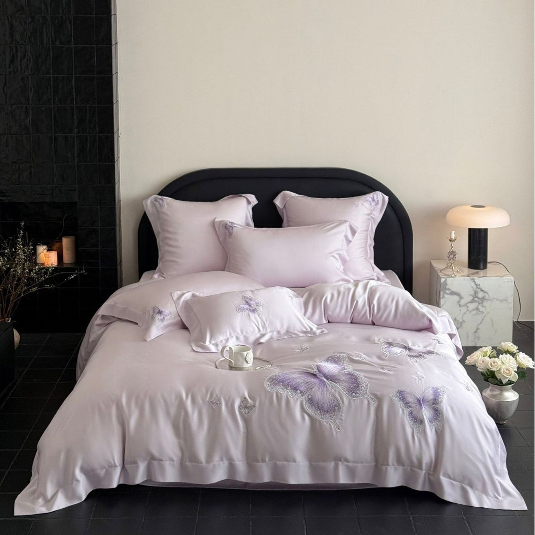 Elegant satin bed linen set with tonal butterfly embroidery