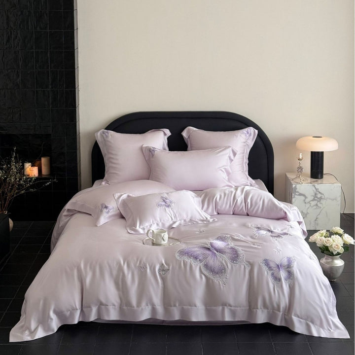 Elegant satin bed linen set with tonal butterfly embroidery