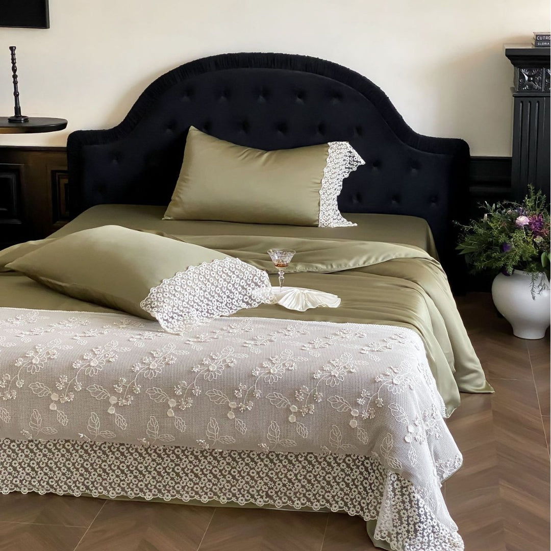 Satin bedding set with lace pillowcase and embroidered bedspread