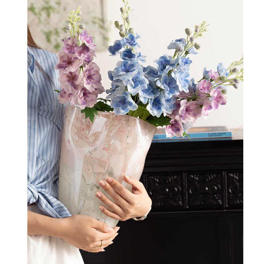 Handblown Marble-Effect Tall Sculptural Glass Vase with Organic Ruffled Rim Kalsten