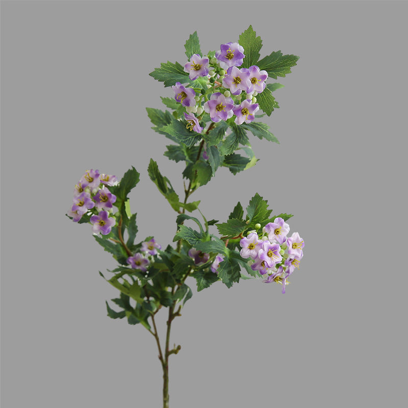 Artificial Flowering Branch Spray With Realistic Clustered Purple Blossoms And Textured Serrated Leaves