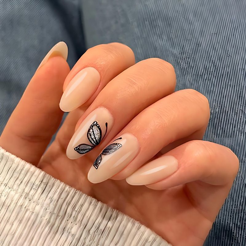 Artificial nail set with delicate butterfly motifs and elegant finish Kalsten