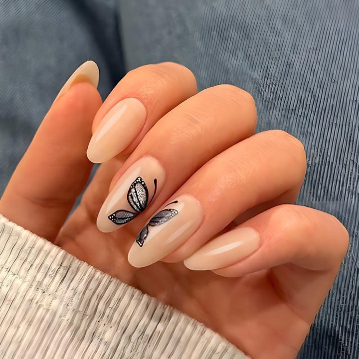 Artificial nail set with delicate butterfly motifs and elegant finish Kalsten