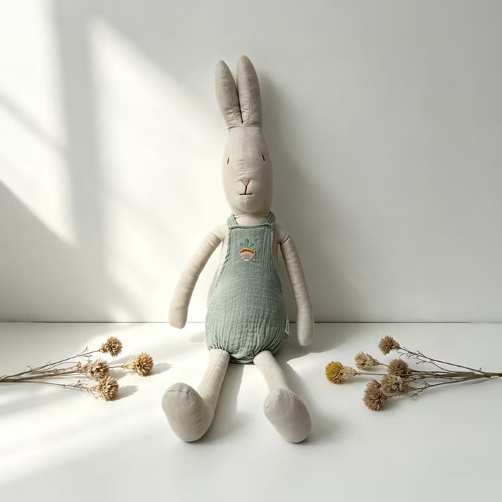 Plush Long-Eared Bunny Doll with Muslin Romper